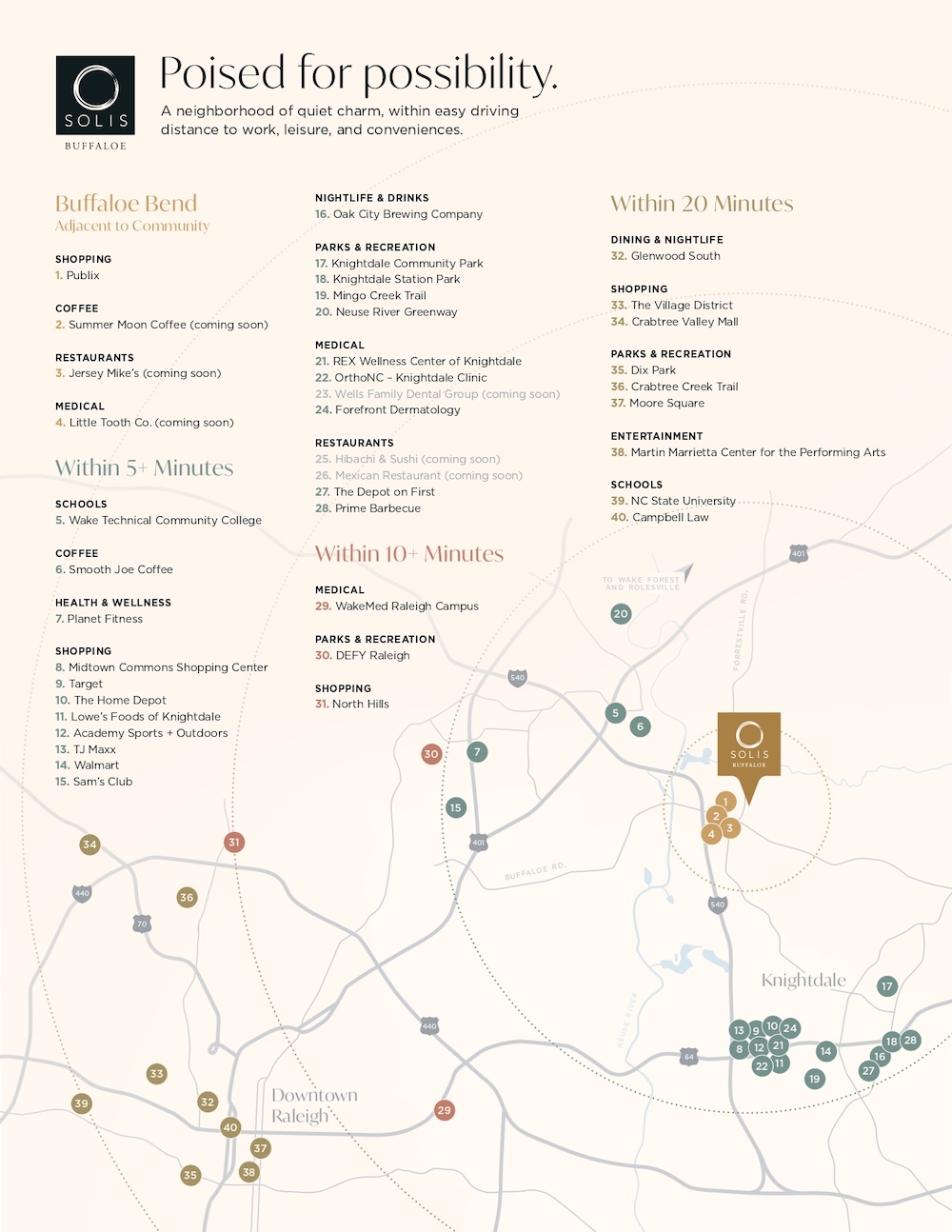 Downtown Raleigh Neighborhood map showcasing proximity to coffee shops, shopping, museums, entertainment, nightlife and more