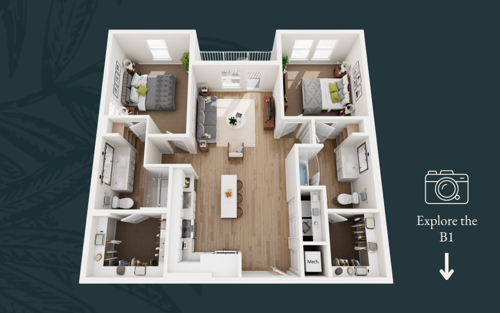 B1 - 2 bedroom floorplan layout with 2 bathrooms and 1165 square feet