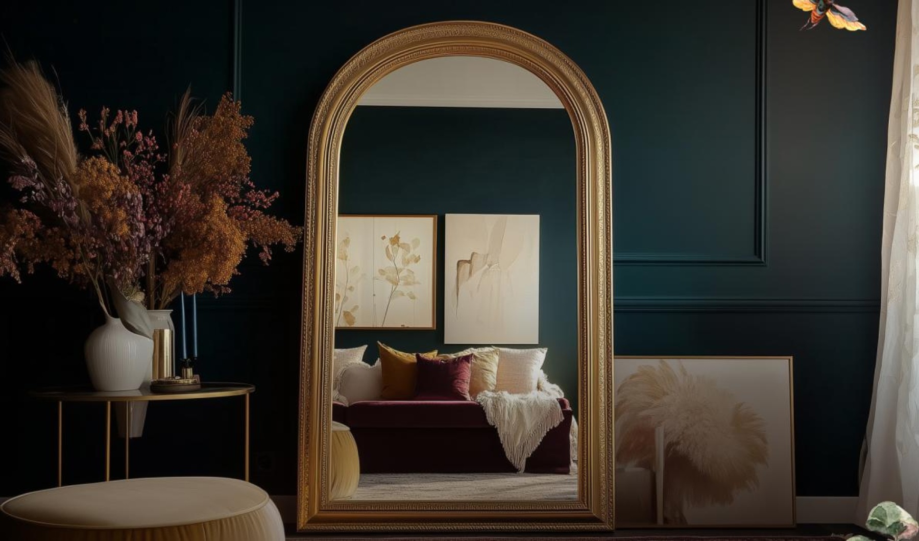 a mirror on a wall of a modern room