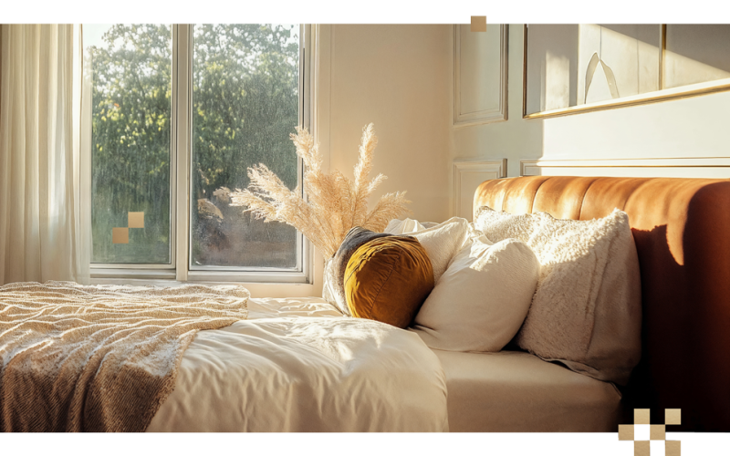 a warm toned room with bright decor